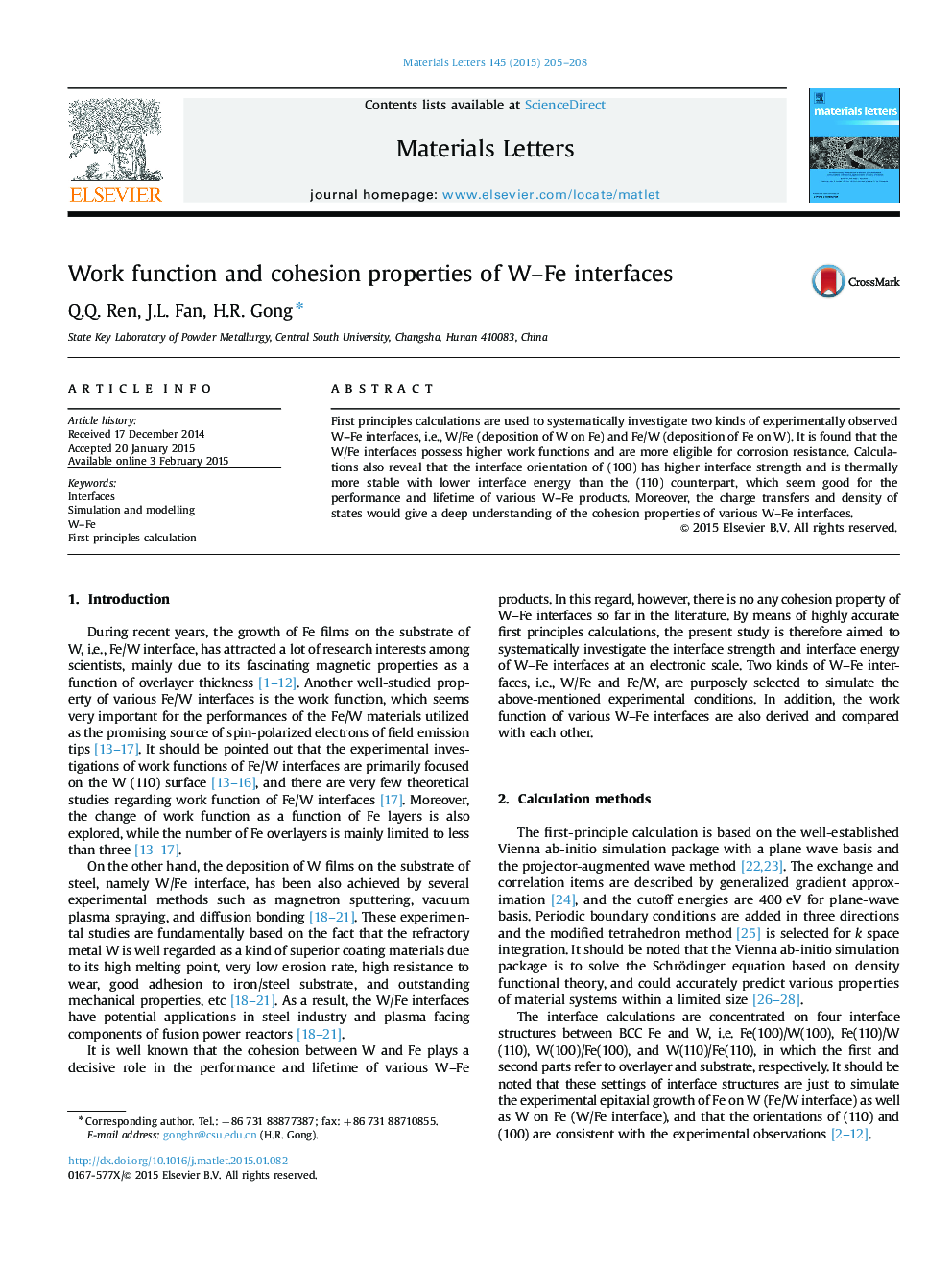 Work function and cohesion properties of W–Fe interfaces