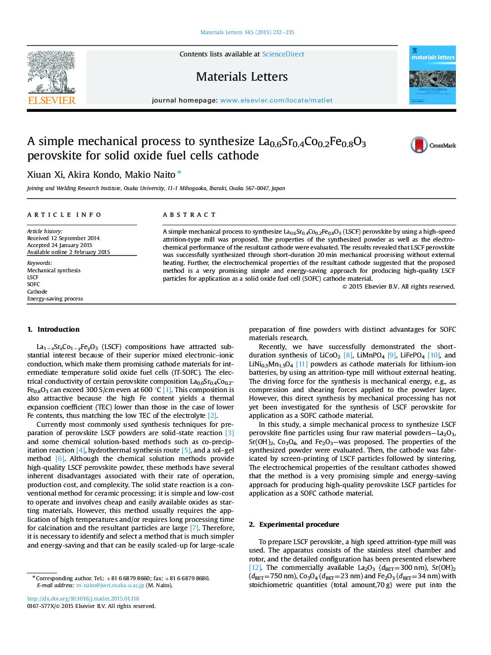 A simple mechanical process to synthesize La0.6Sr0.4Co0.2Fe0.8O3 perovskite for solid oxide fuel cells cathode