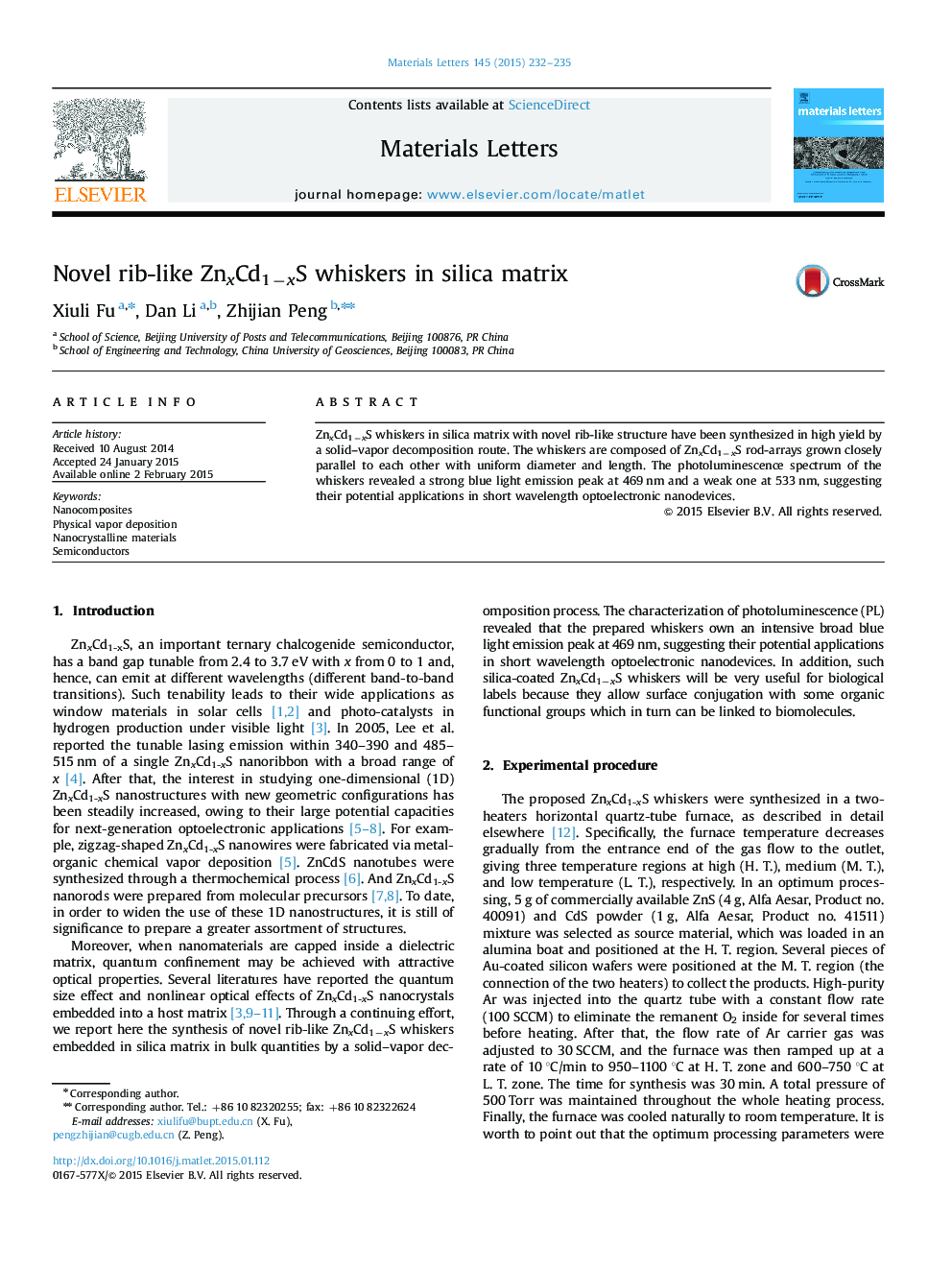 Novel rib-like ZnxCd1−xS whiskers in silica matrix