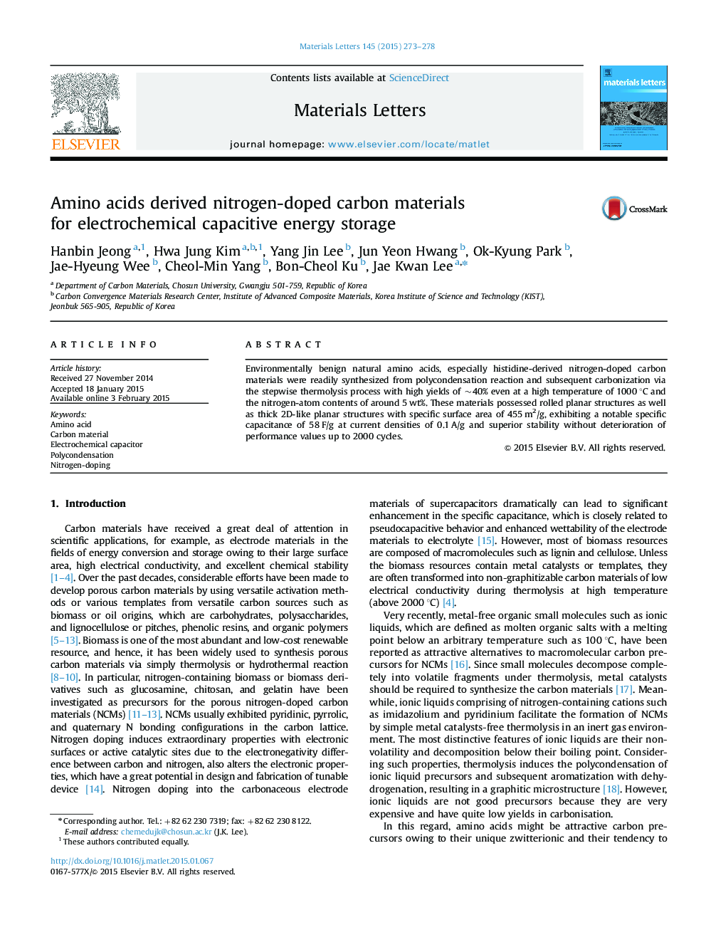 Amino acids derived nitrogen-doped carbon materials for electrochemical capacitive energy storage