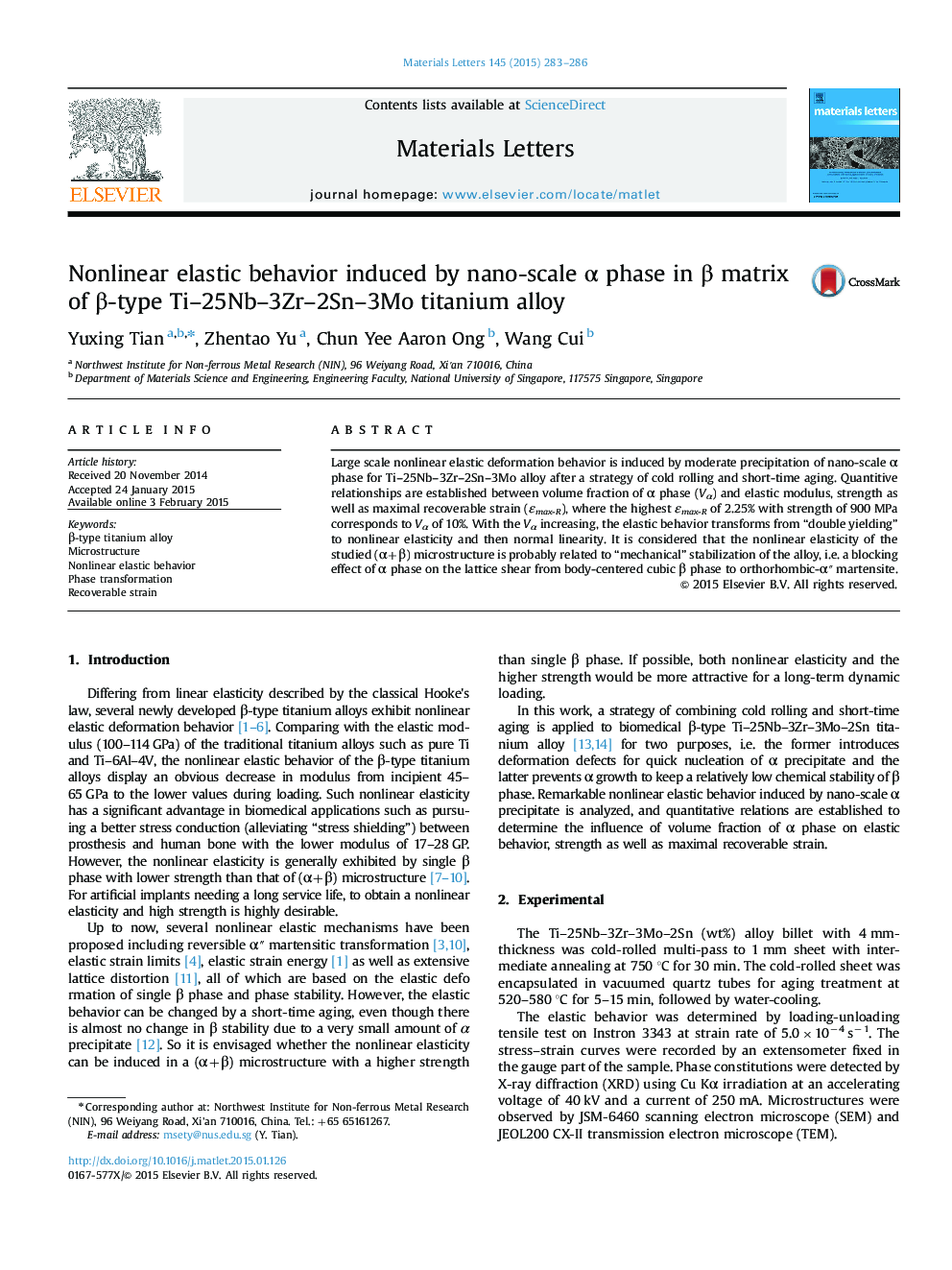 Nonlinear elastic behavior induced by nano-scale α phase in β matrix of β-type Ti–25Nb–3Zr–2Sn–3Mo titanium alloy