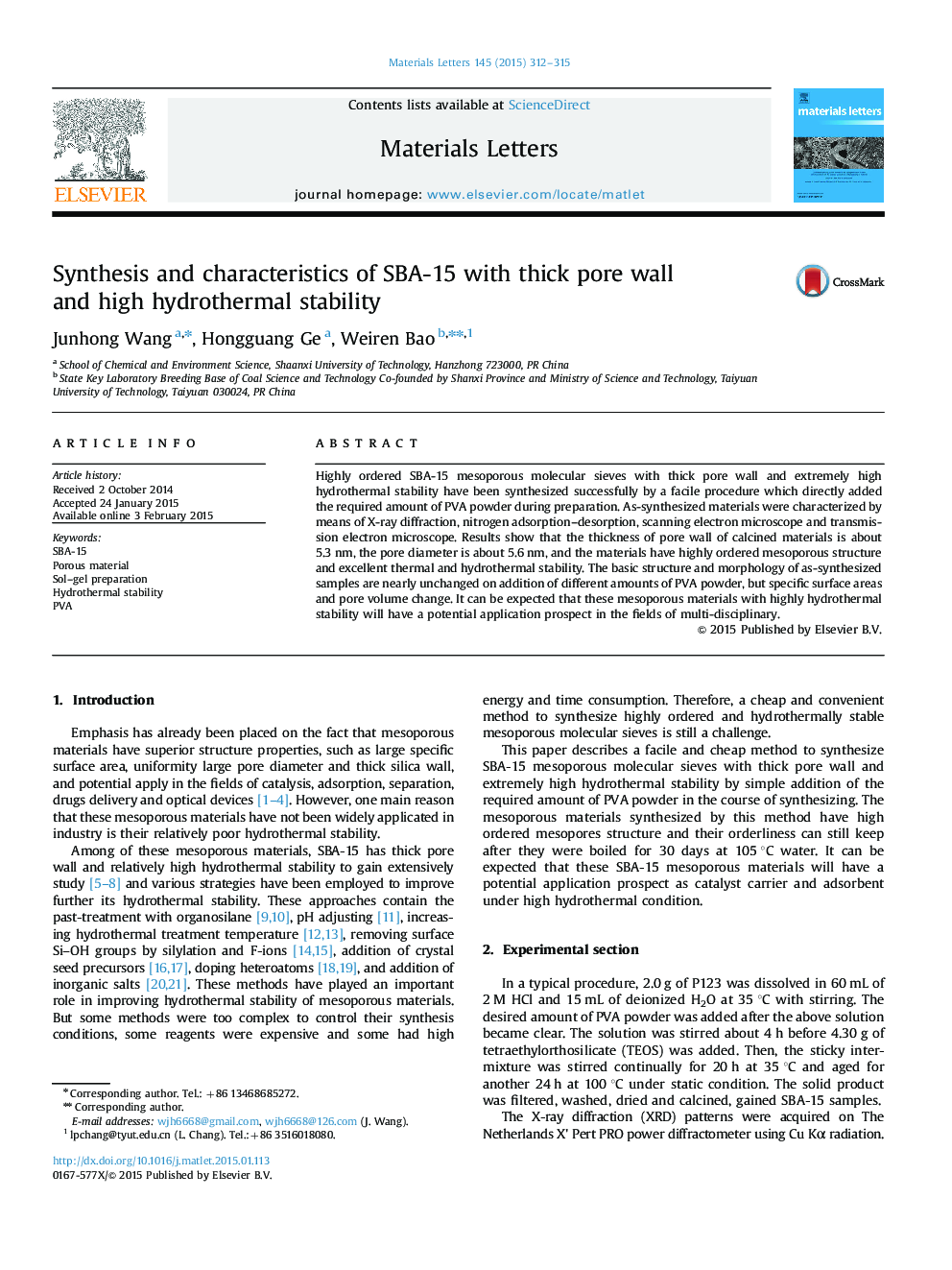 Synthesis and characteristics of SBA-15 with thick pore wall and high hydrothermal stability