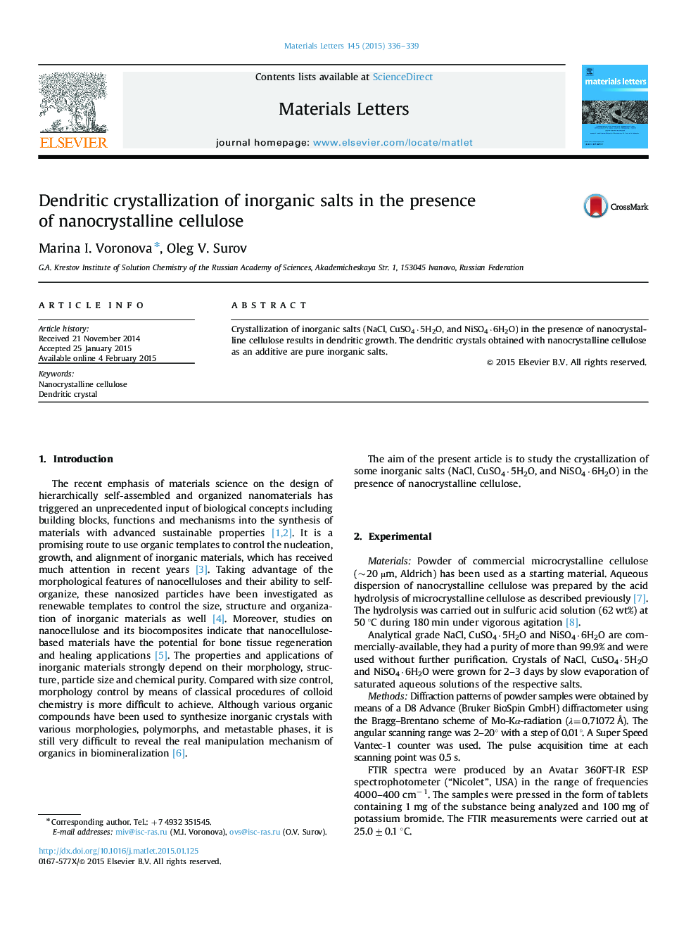 Dendritic crystallization of inorganic salts in the presence of nanocrystalline cellulose