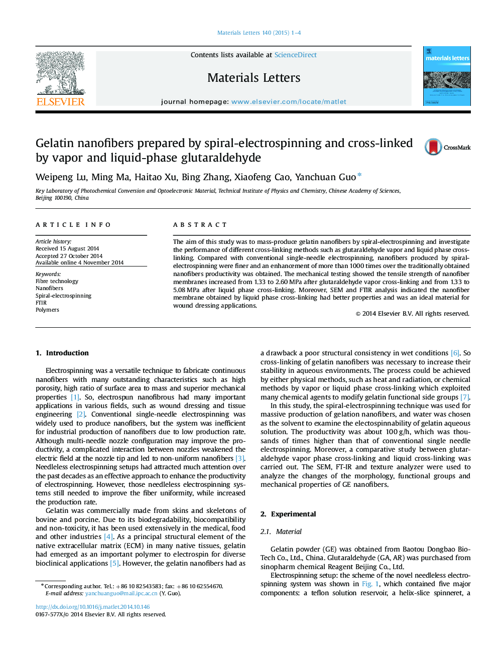 Gelatin nanofibers prepared by spiral-electrospinning and cross-linked by vapor and liquid-phase glutaraldehyde