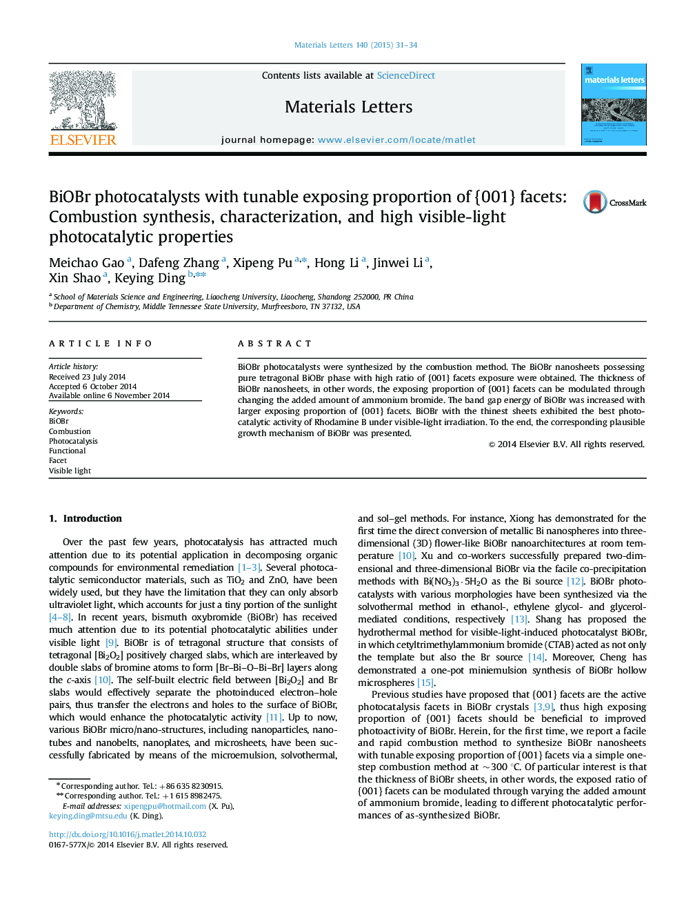 BiOBr photocatalysts with tunable exposing proportion of {001} facets: Combustion synthesis, characterization, and high visible-light photocatalytic properties