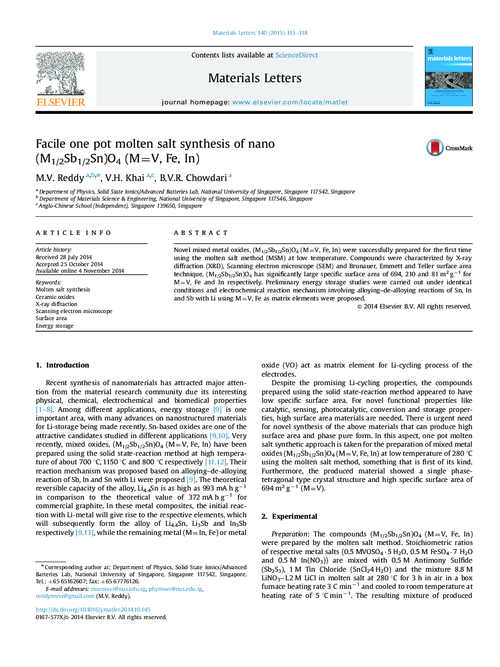 Facile one pot molten salt synthesis of nano (M1/2Sb1/2Sn)O4 (M=V, Fe, In)