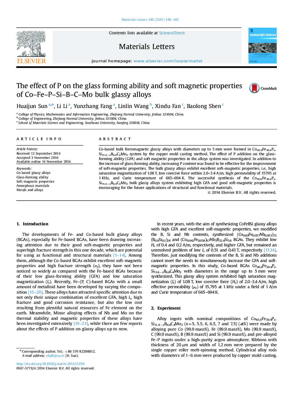 The effect of P on the glass forming ability and soft magnetic properties of Co–Fe–P–Si–B–C–Mo bulk glassy alloys