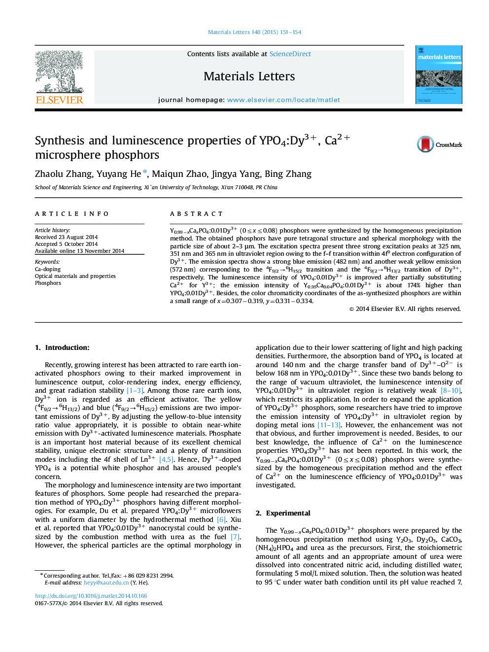 Synthesis and luminescence properties of YPO4:Dy3+, Ca2+ microsphere phosphors