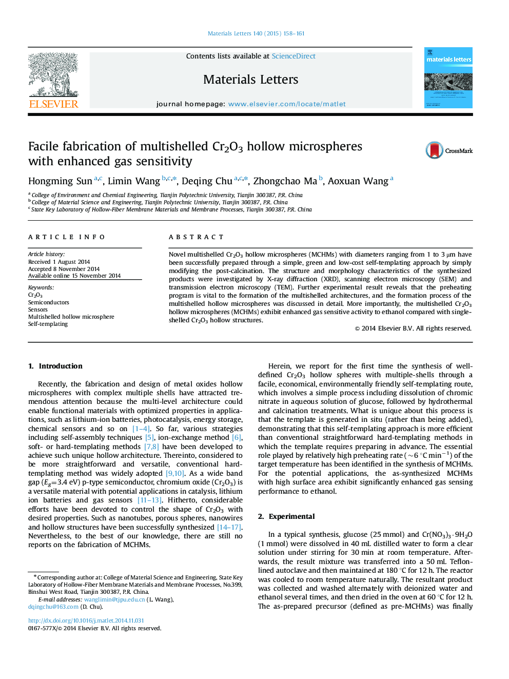 Facile fabrication of multishelled Cr2O3 hollow microspheres with enhanced gas sensitivity