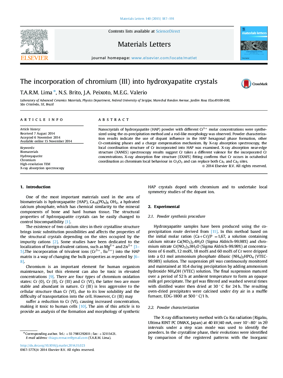 The incorporation of chromium (III) into hydroxyapatite crystals