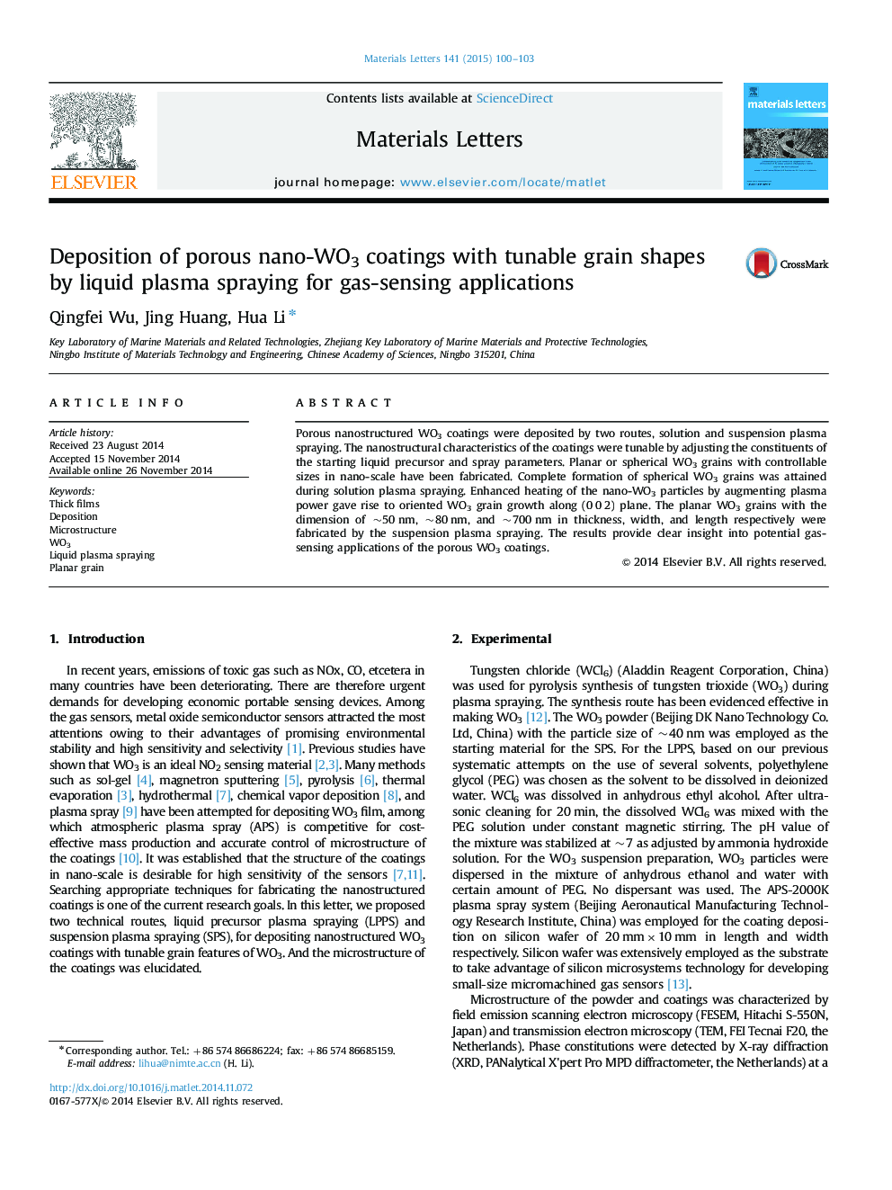 Deposition of porous nano-WO3 coatings with tunable grain shapes by liquid plasma spraying for gas-sensing applications