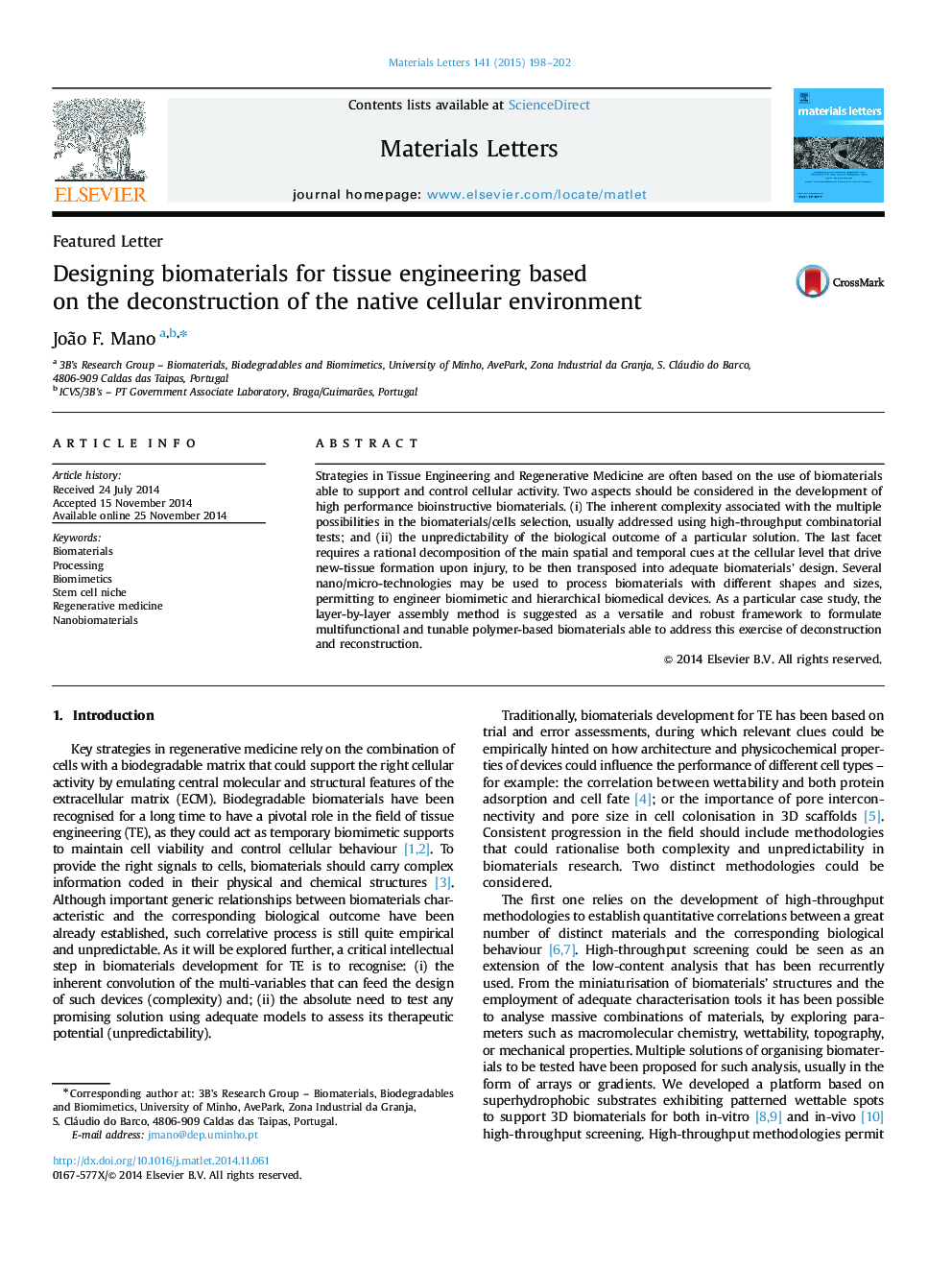 Designing biomaterials for tissue engineering based on the deconstruction of the native cellular environment