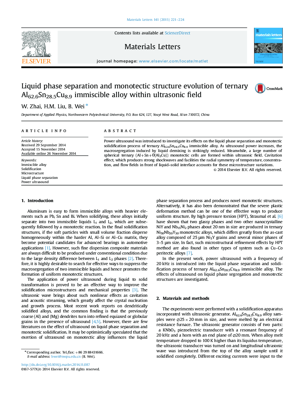 Liquid phase separation and monotectic structure evolution of ternary Al62.6Sn28.5Cu8.9 immiscible alloy within ultrasonic field