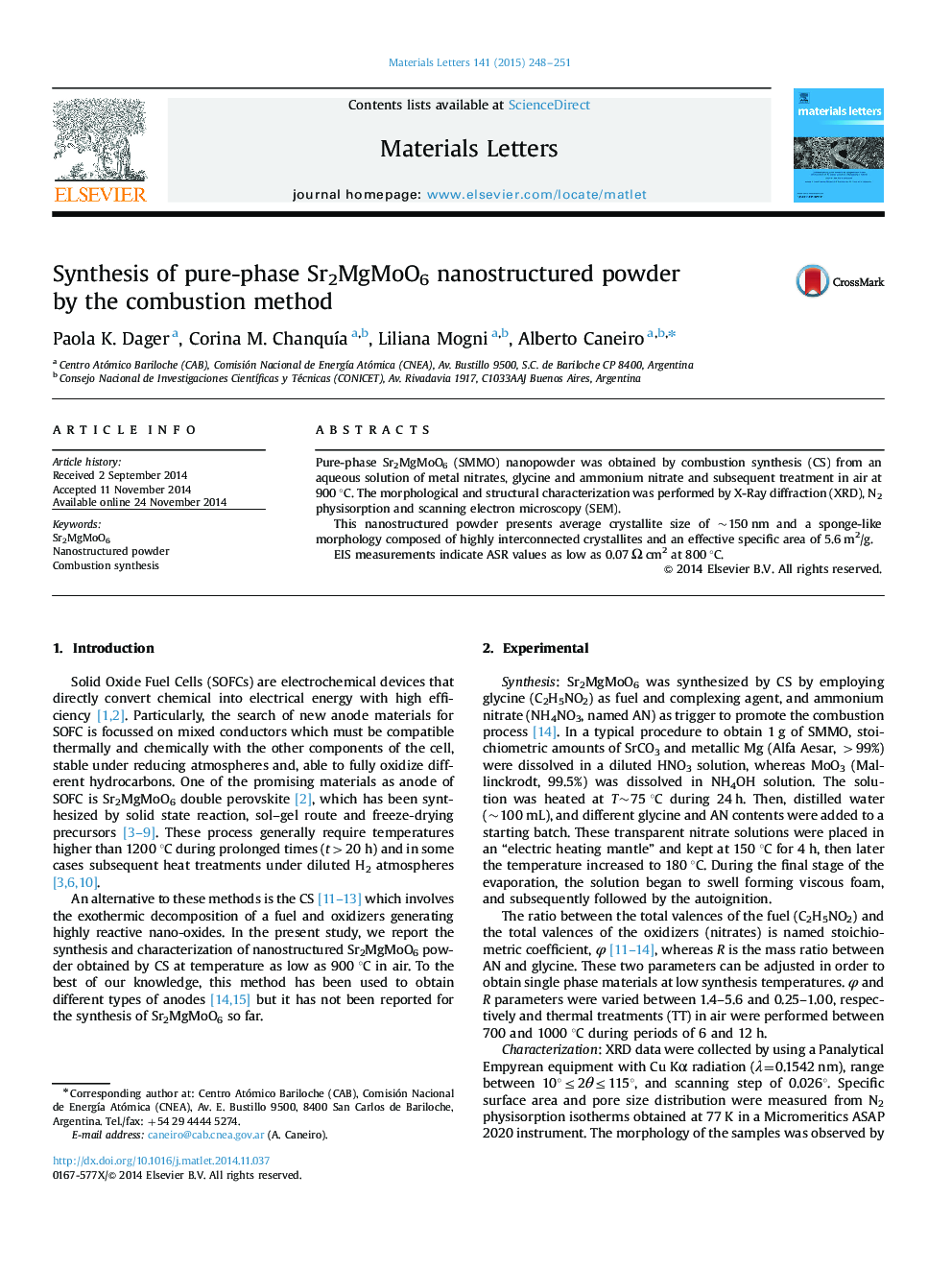 Synthesis of pure-phase Sr2MgMoO6 nanostructured powder by the combustion method