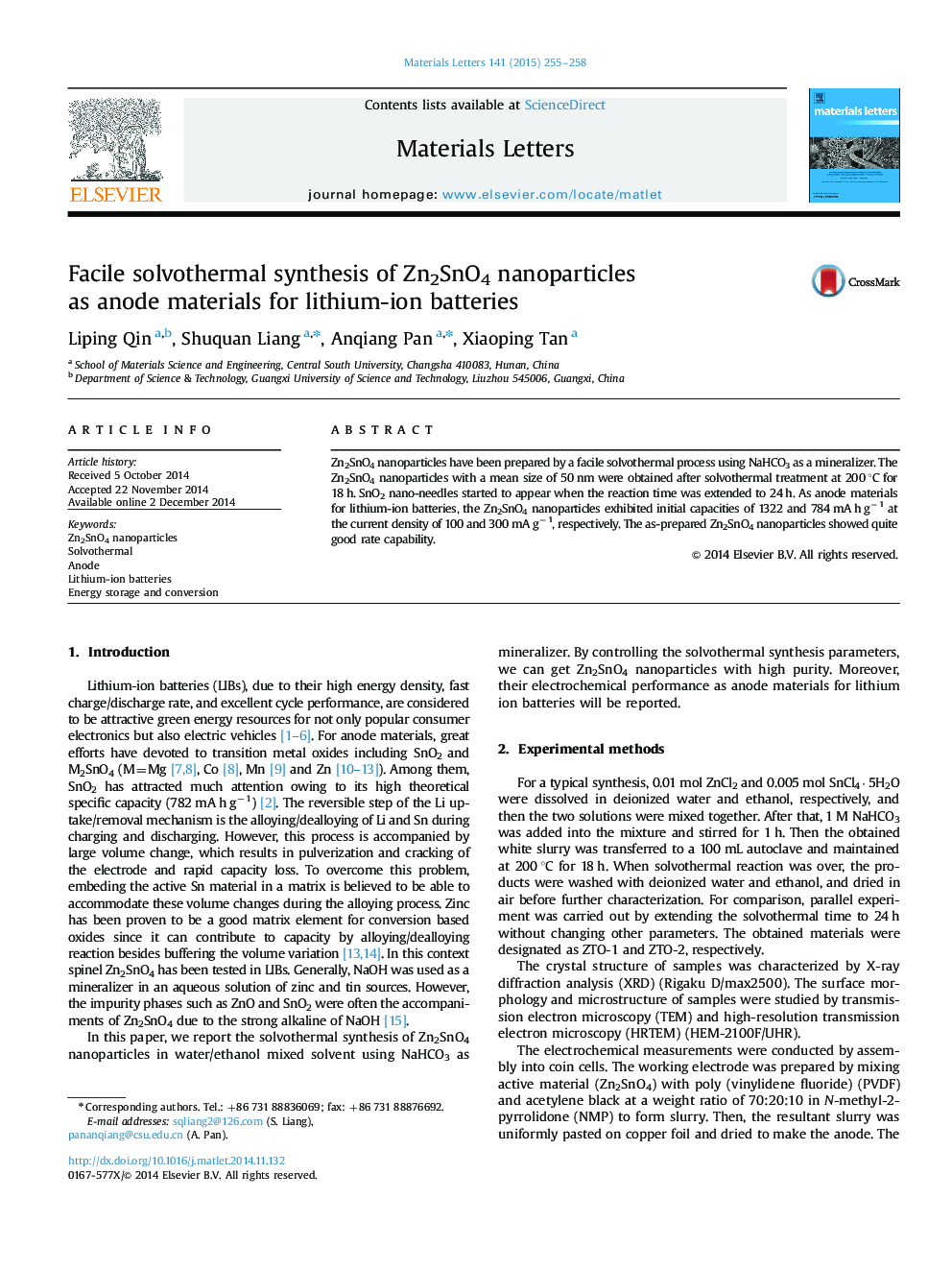 Facile solvothermal synthesis of Zn2SnO4 nanoparticles as anode materials for lithium-ion batteries