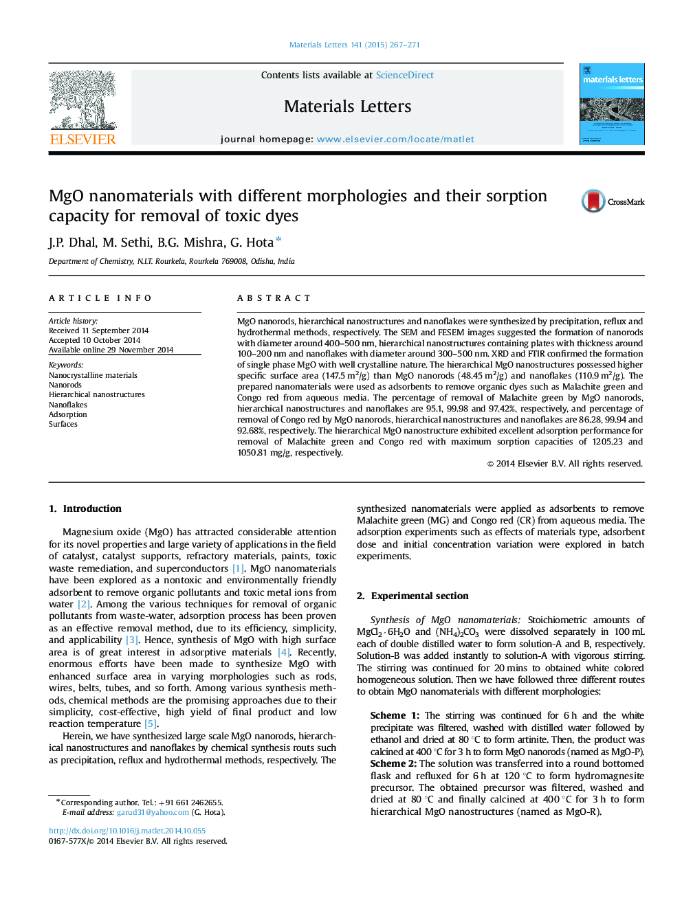 MgO nanomaterials with different morphologies and their sorption capacity for removal of toxic dyes