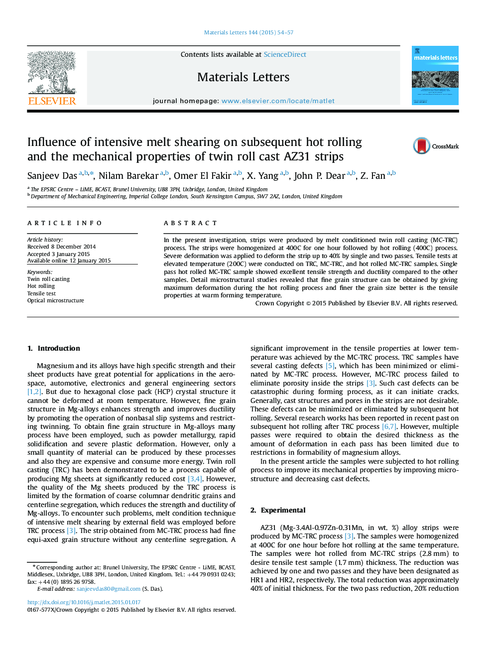 Influence of intensive melt shearing on subsequent hot rolling and the mechanical properties of twin roll cast AZ31 strips