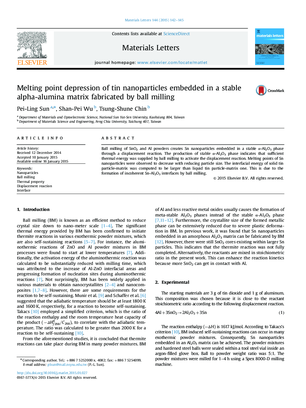 Melting point depression of tin nanoparticles embedded in a stable alpha-alumina matrix fabricated by ball milling