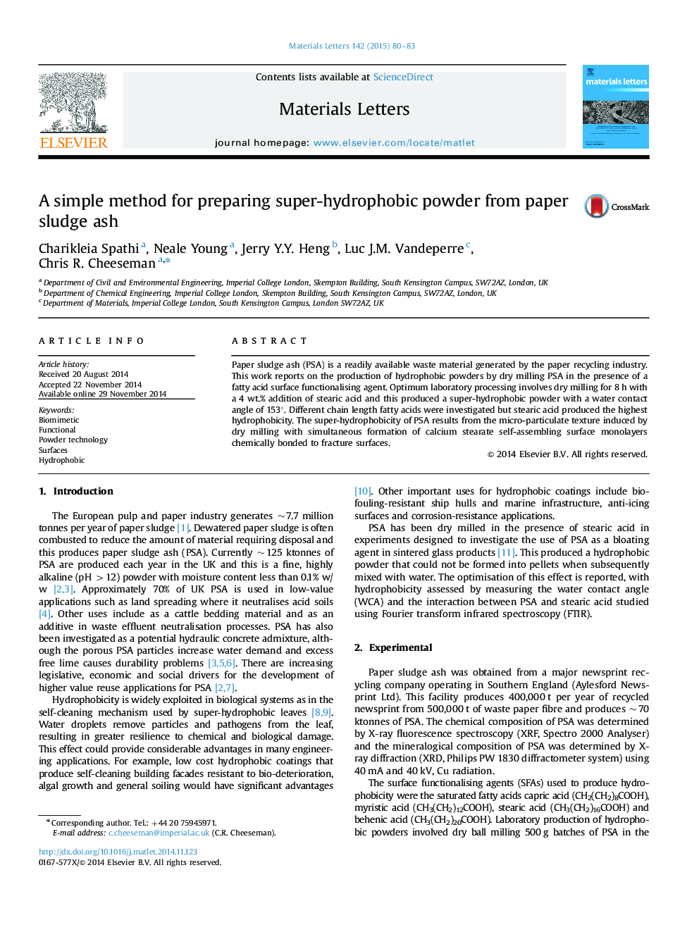 A simple method for preparing super-hydrophobic powder from paper sludge ash