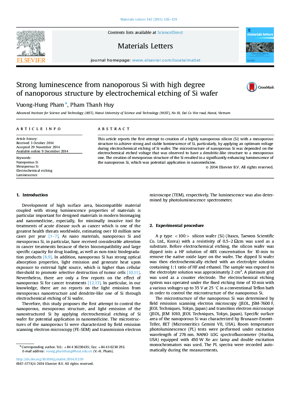 Strong luminescence from nanoporous Si with high degree of nanoporous structure by electrochemical etching of Si wafer