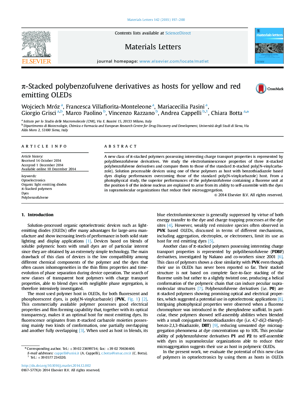 π-Stacked polybenzofulvene derivatives as hosts for yellow and red emitting OLEDs