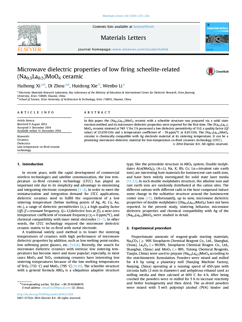 Microwave dielectric properties of low firing scheelite-related (Na0.5La0.5)MoO4 ceramic