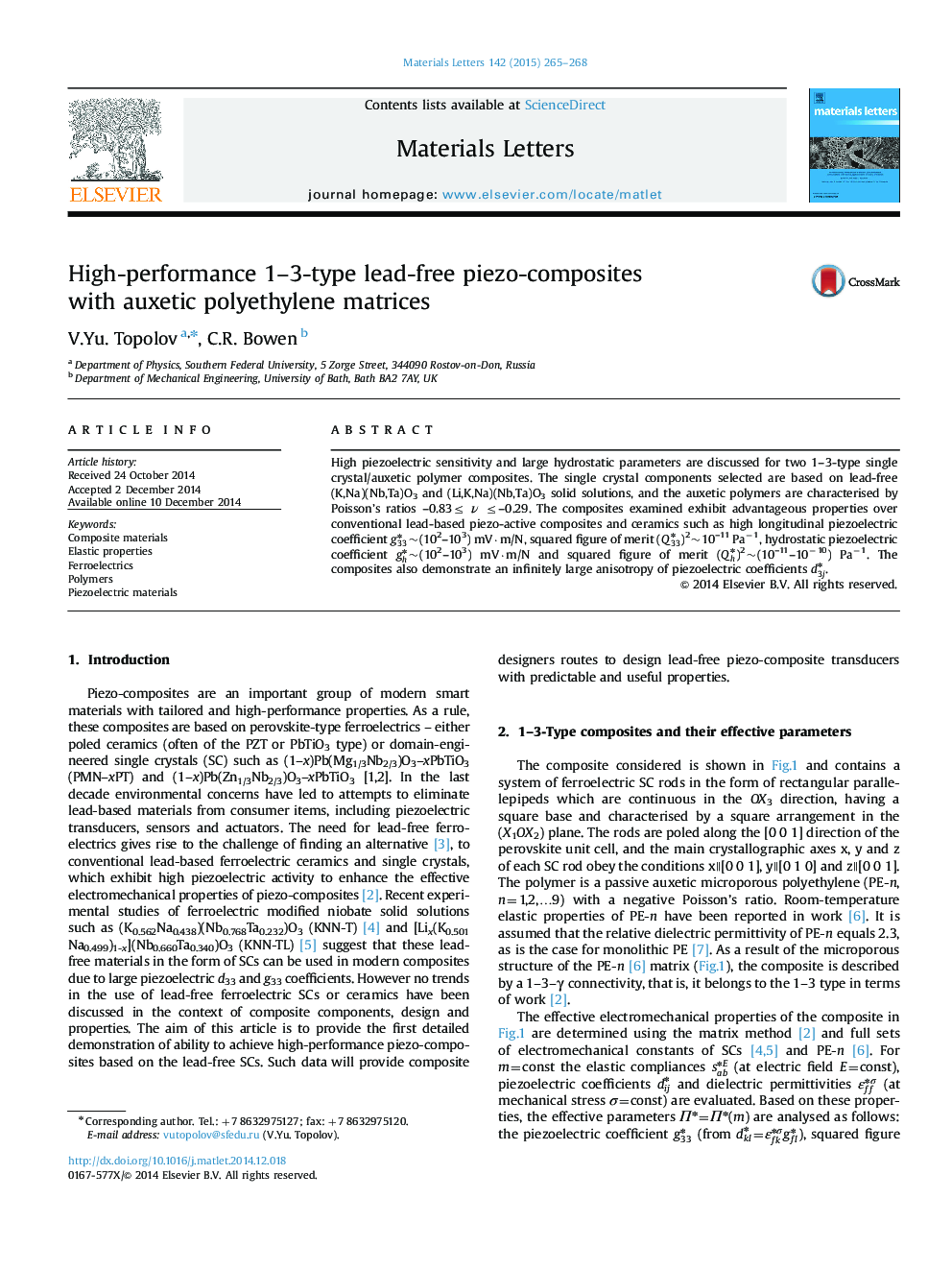 High-performance 1–3-type lead-free piezo-composites with auxetic polyethylene matrices
