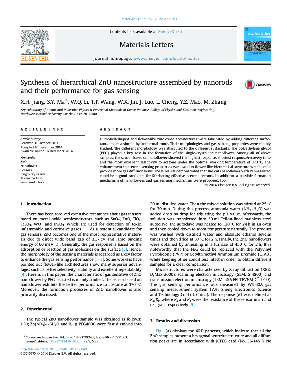 Synthesis of hierarchical ZnO nanostructure assembled by nanorods and their performance for gas sensing