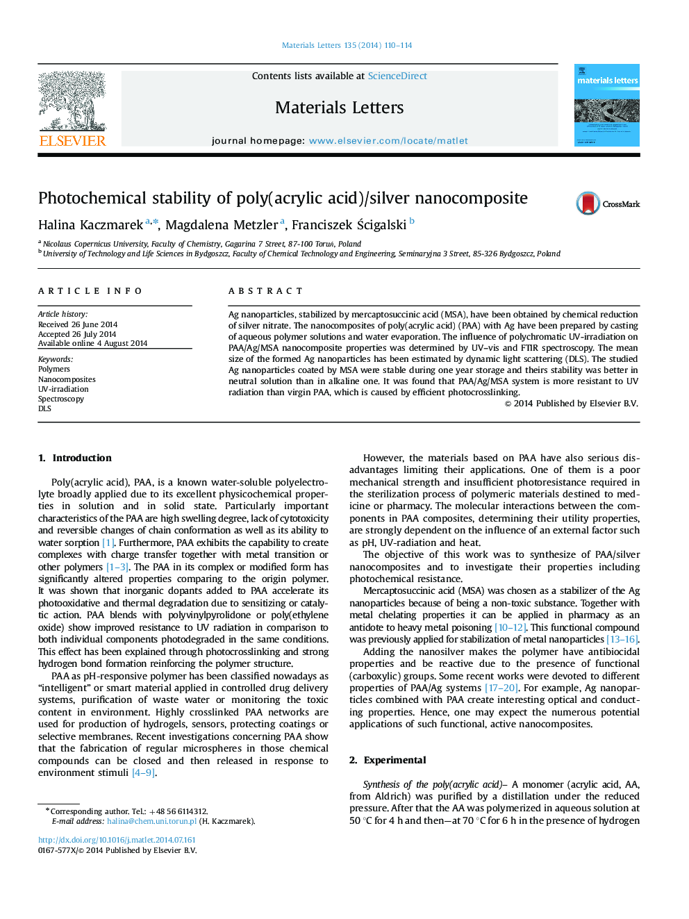 Photochemical stability of poly(acrylic acid)/silver nanocomposite