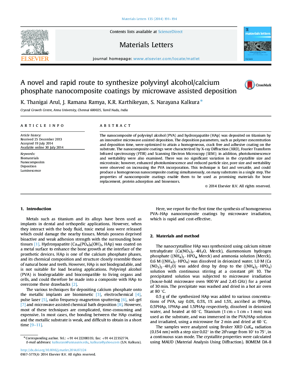 A novel and rapid route to synthesize polyvinyl alcohol/calcium phosphate nanocomposite coatings by microwave assisted deposition