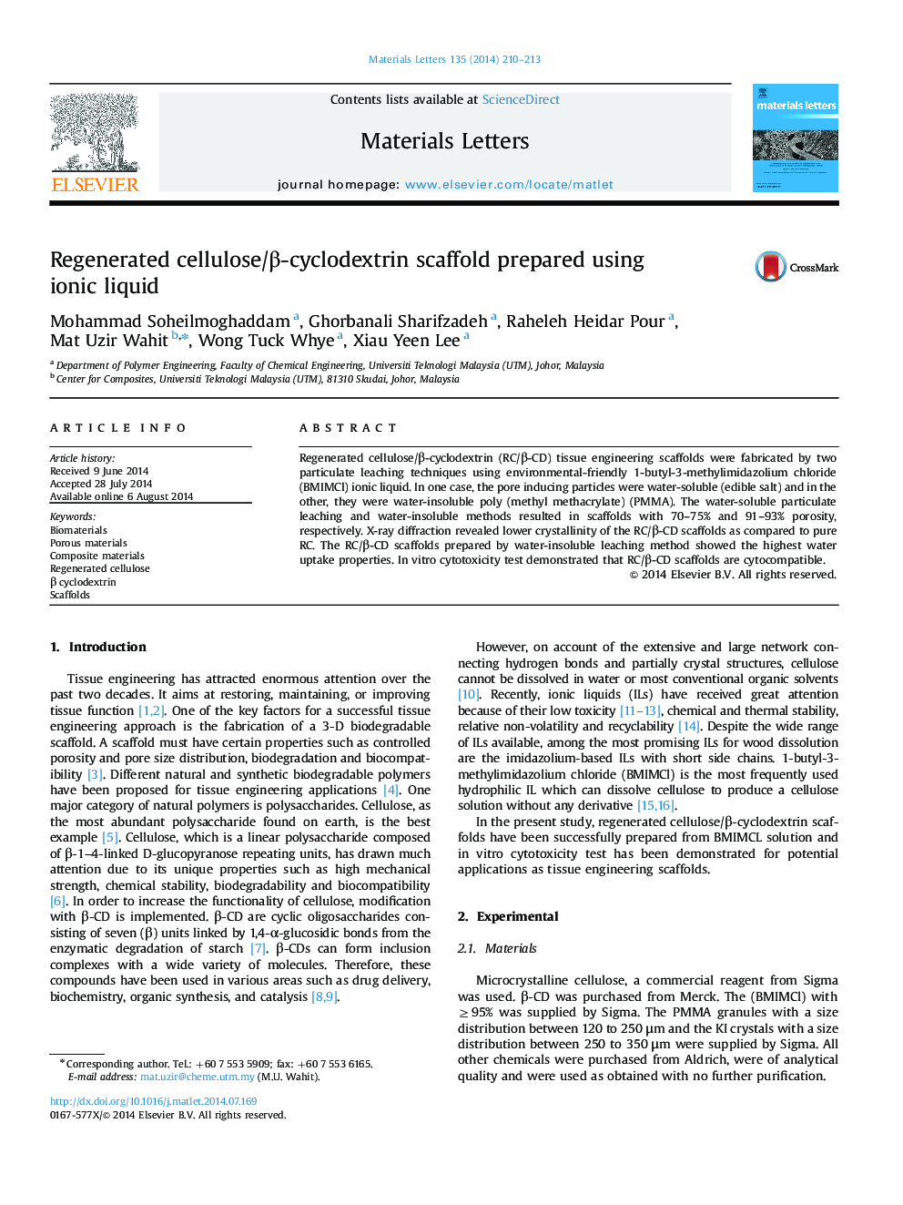 Regenerated cellulose/β-cyclodextrin scaffold prepared using ionic liquid