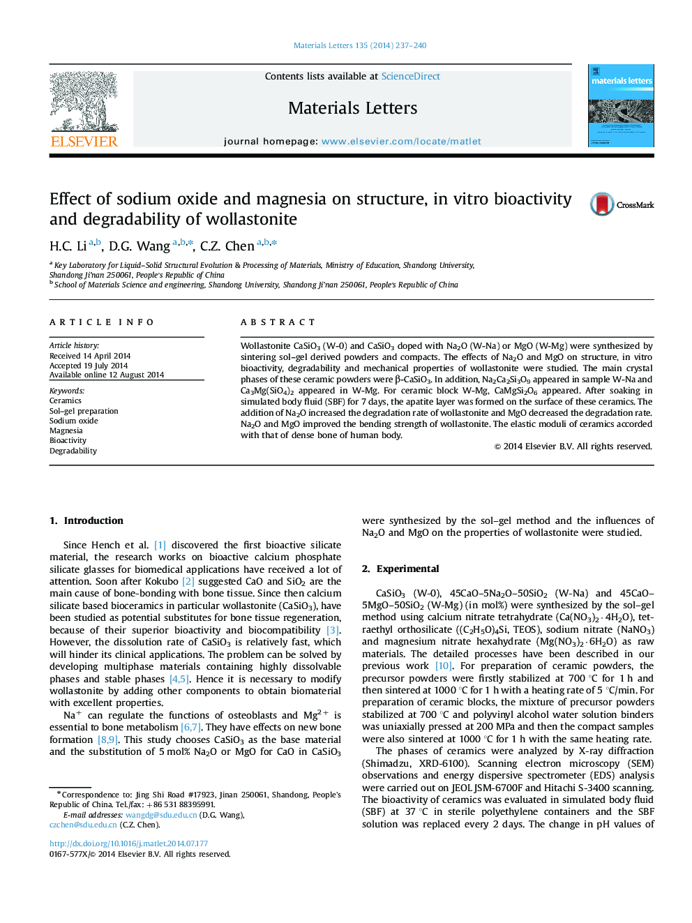 Effect of sodium oxide and magnesia on structure, in vitro bioactivity and degradability of wollastonite