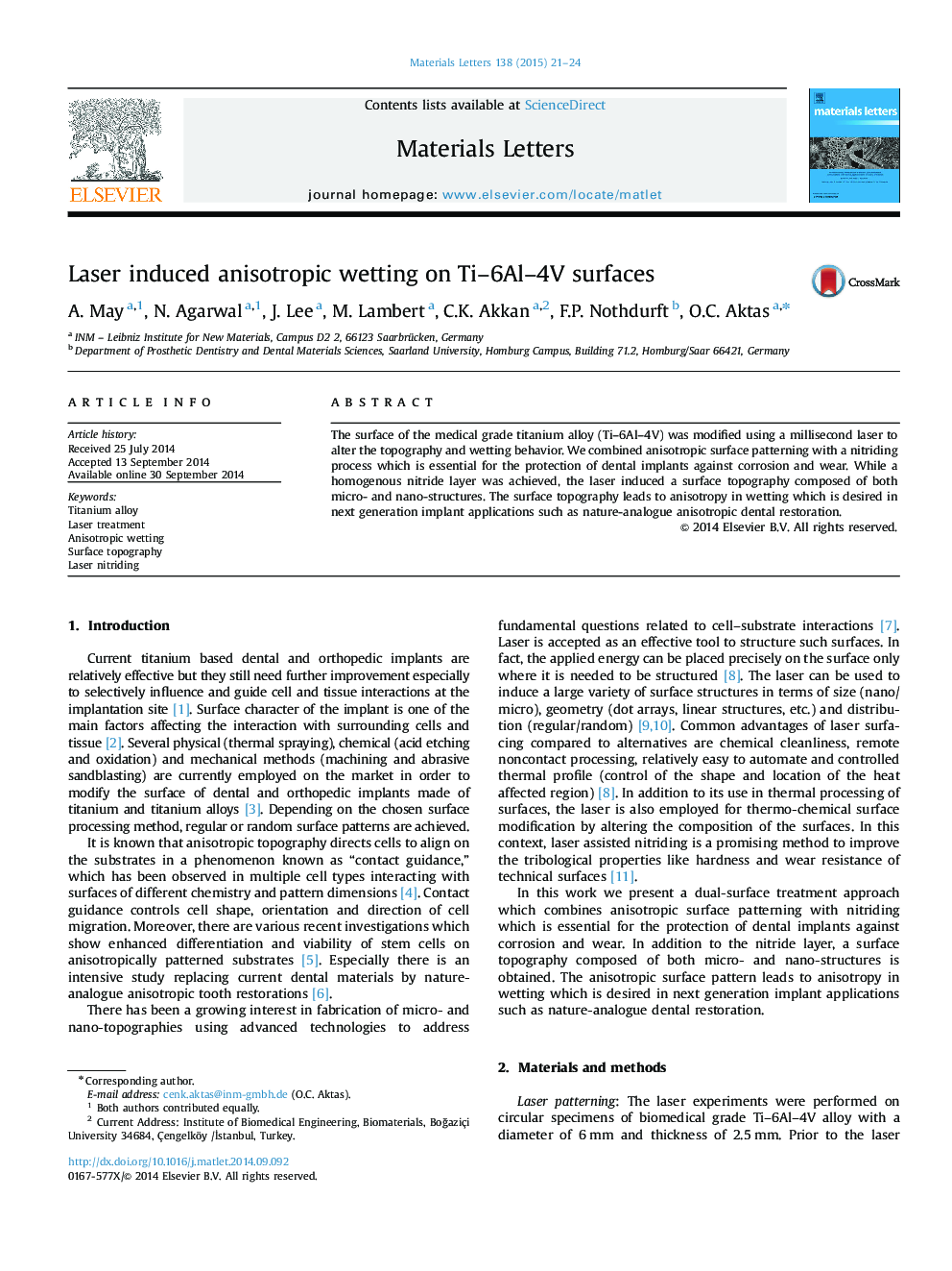 Laser induced anisotropic wetting on Ti–6Al–4V surfaces