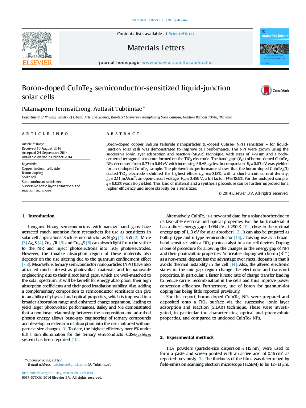 Boron-doped CuInTe2 semiconductor-sensitized liquid-junction solar cells