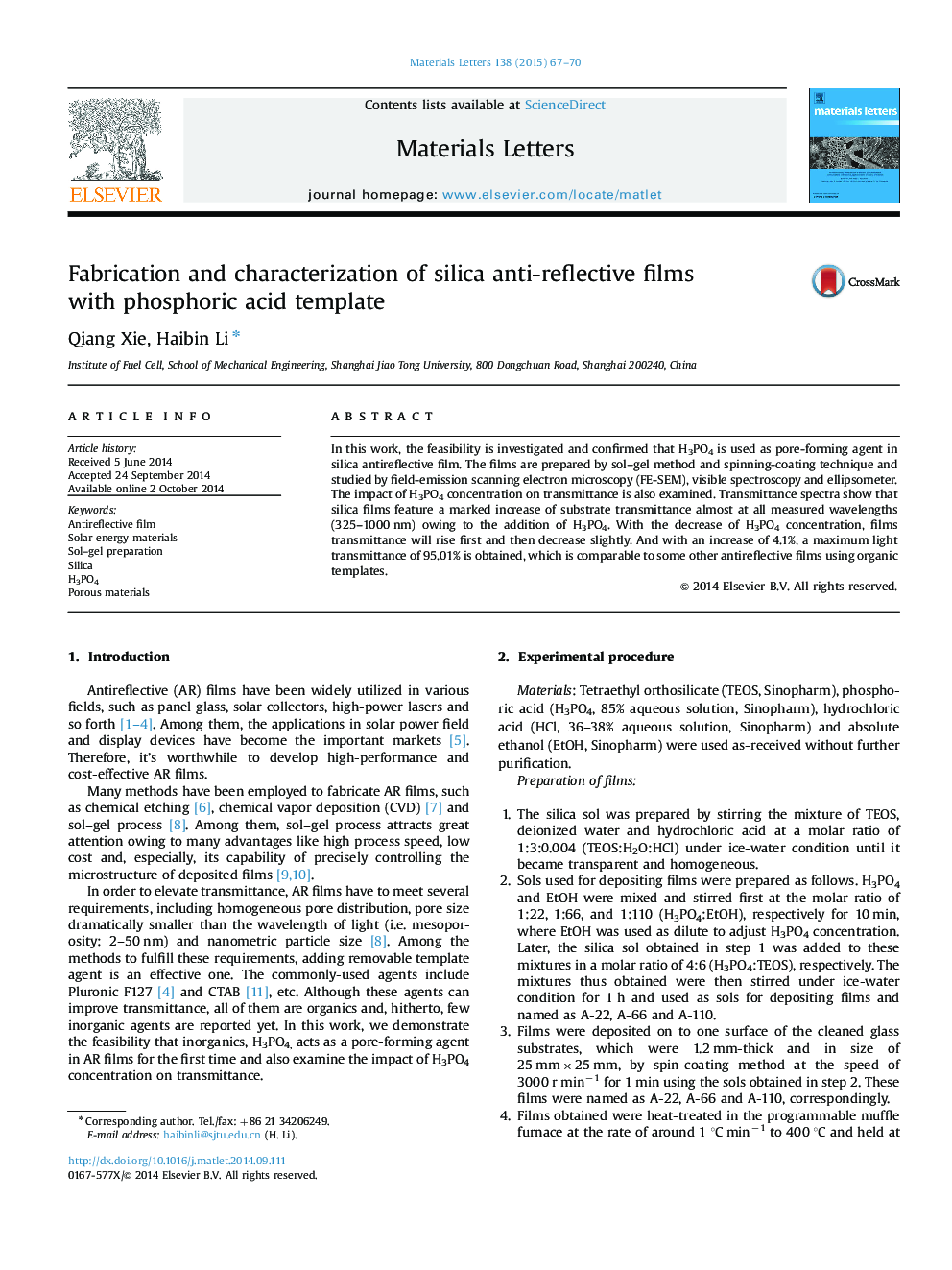 Fabrication and characterization of silica anti-reflective films with phosphoric acid template