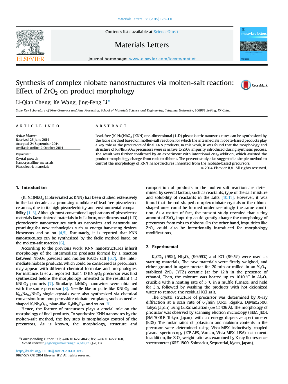 Synthesis of complex niobate nanostructures via molten-salt reaction: Effect of ZrO2 on product morphology