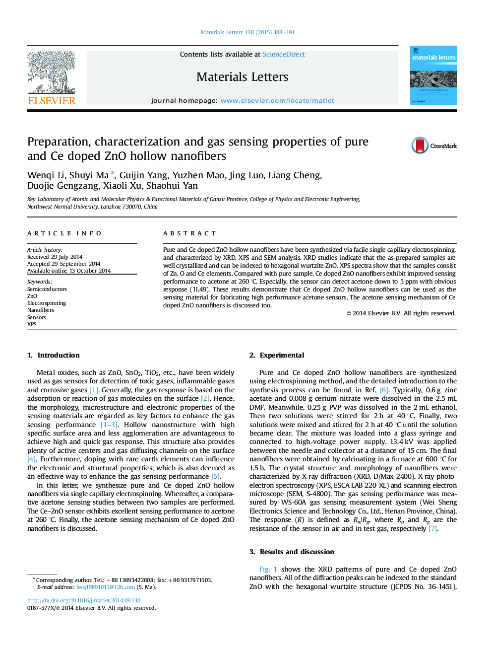 Preparation, characterization and gas sensing properties of pure and Ce doped ZnO hollow nanofibers