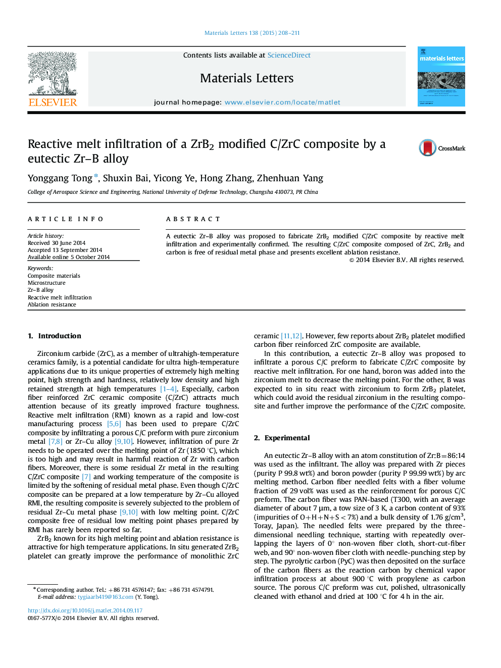 Reactive melt infiltration of a ZrB2 modified C/ZrC composite by a eutectic Zr-B alloy