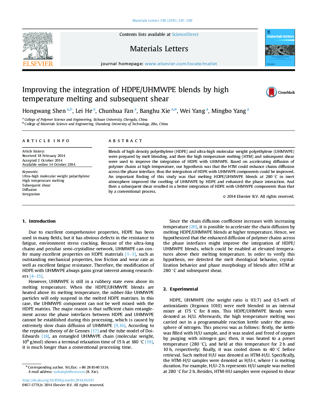 Improving the integration of HDPE/UHMWPE blends by high temperature melting and subsequent shear