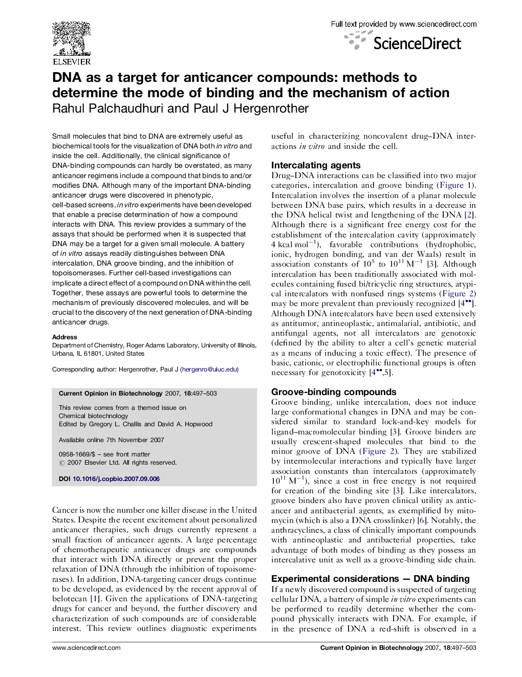 DNA as a target for anticancer compounds: methods to determine the mode of binding and the mechanism of action