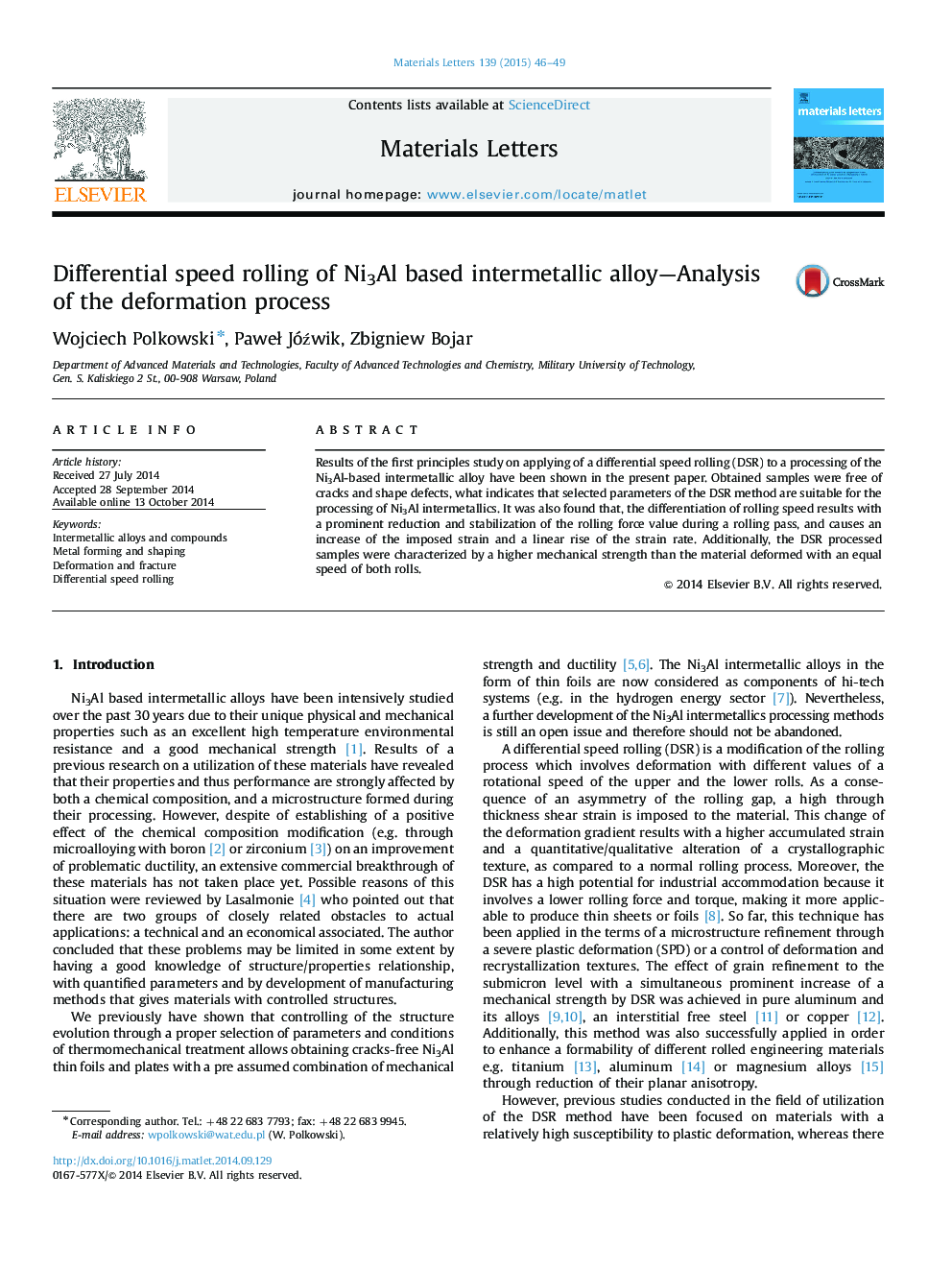 Differential speed rolling of Ni3Al based intermetallic alloy—Analysis of the deformation process