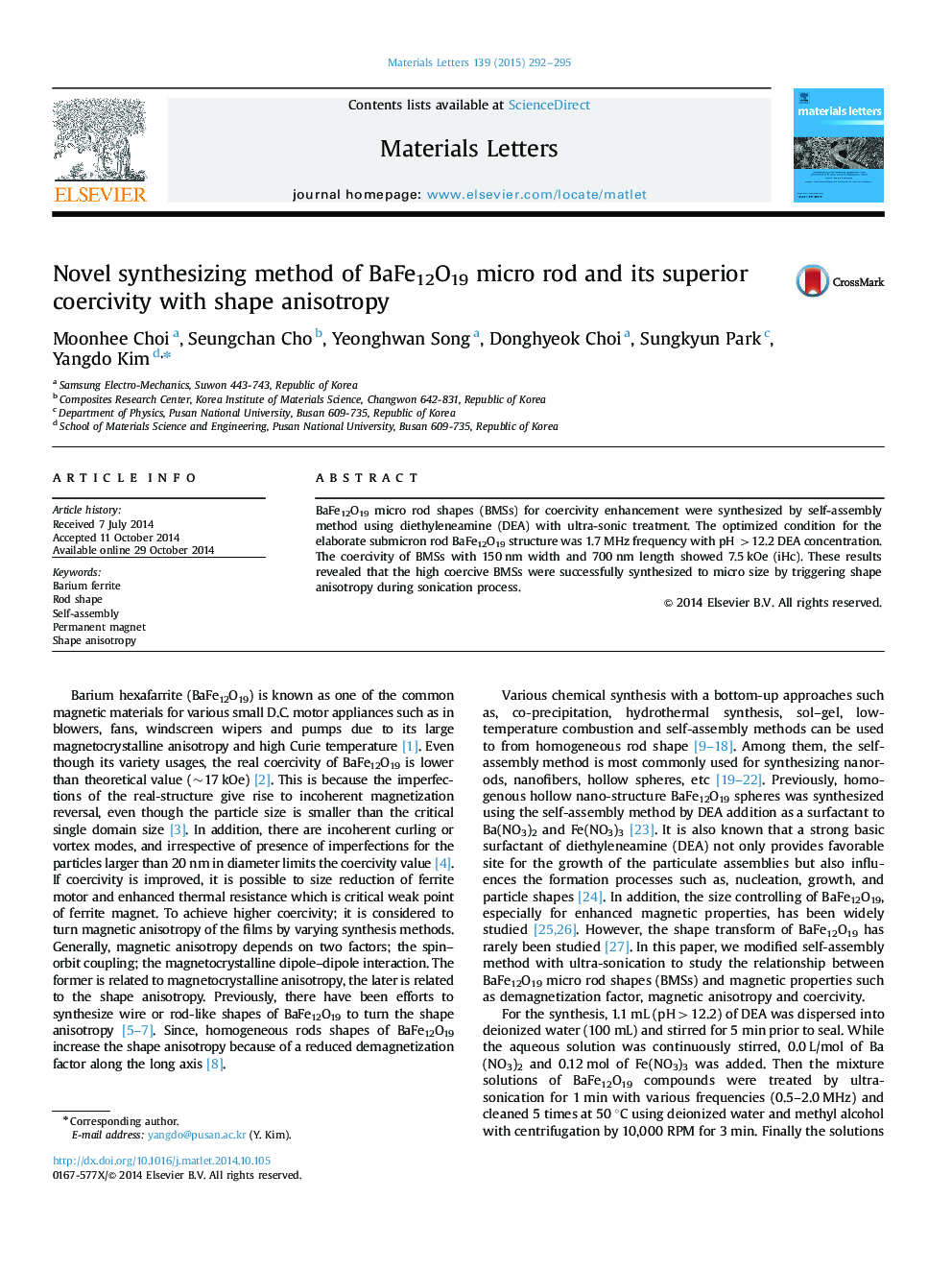 Novel synthesizing method of BaFe12O19 micro rod and its superior coercivity with shape anisotropy