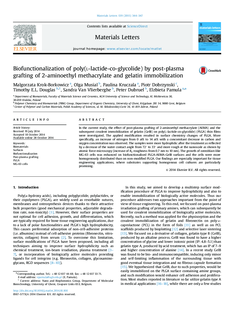 Biofunctionalization of poly(l-lactide-co-glycolide) by post-plasma grafting of 2-aminoethyl methacrylate and gelatin immobilization