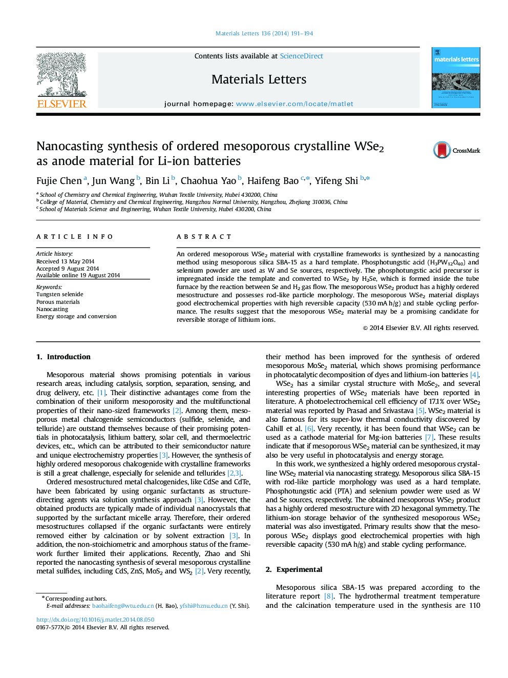 Nanocasting synthesis of ordered mesoporous crystalline WSe2 as anode material for Li-ion batteries