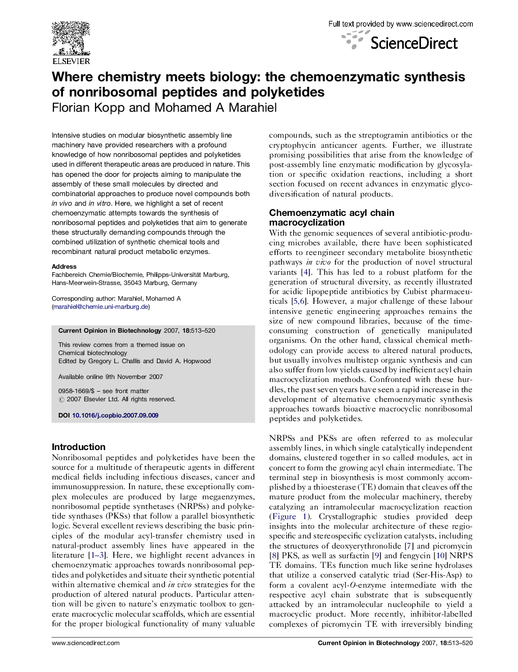 Where chemistry meets biology: the chemoenzymatic synthesis of nonribosomal peptides and polyketides