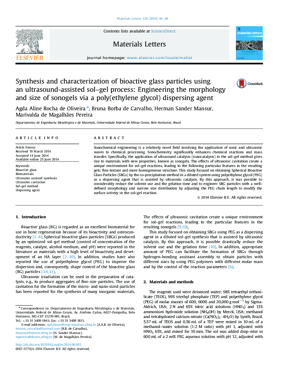 Synthesis and characterization of bioactive glass particles using an ultrasound-assisted sol–gel process: Engineering the morphology and size of sonogels via a poly(ethylene glycol) dispersing agent