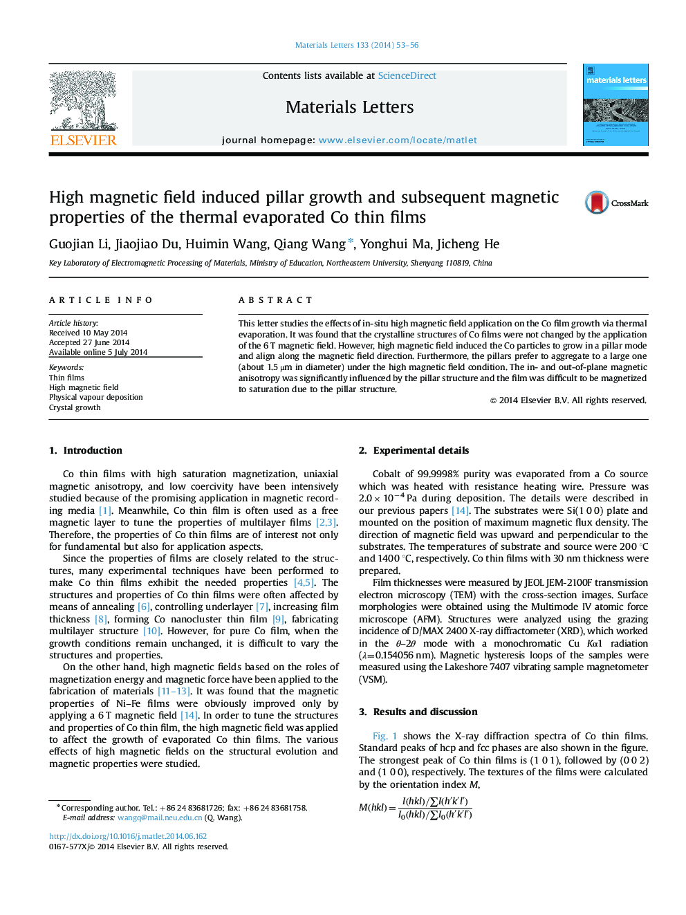 High magnetic field induced pillar growth and subsequent magnetic properties of the thermal evaporated Co thin films