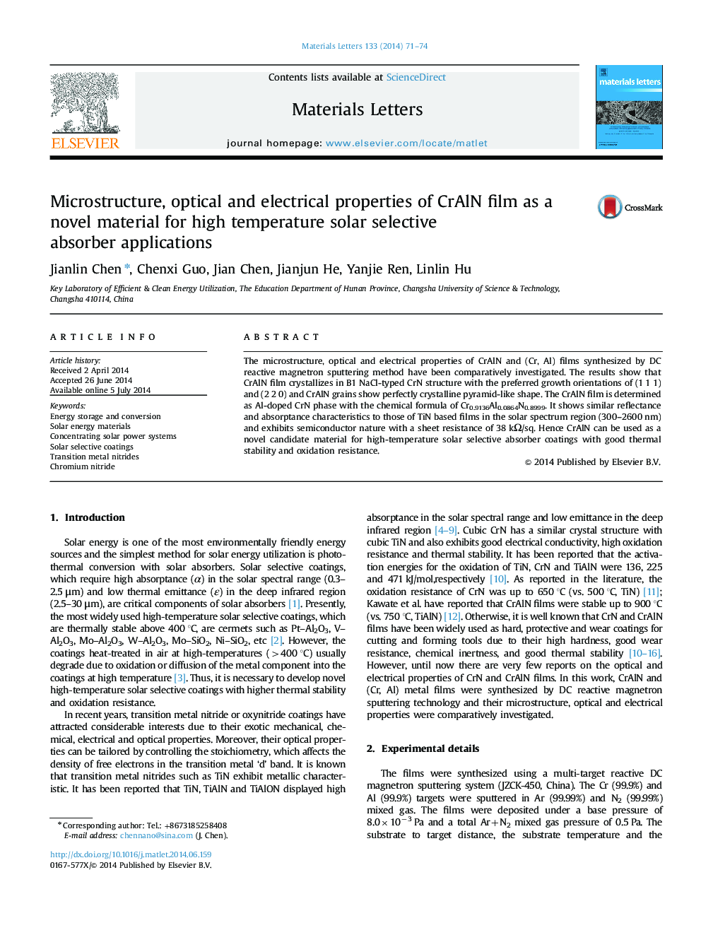 Microstructure, optical and electrical properties of CrAlN film as a novel material for high temperature solar selective absorber applications