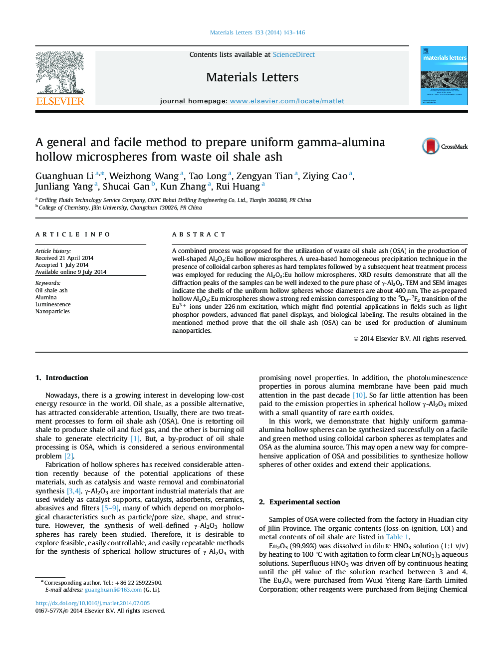 A general and facile method to prepare uniform gamma-alumina hollow microspheres from waste oil shale ash