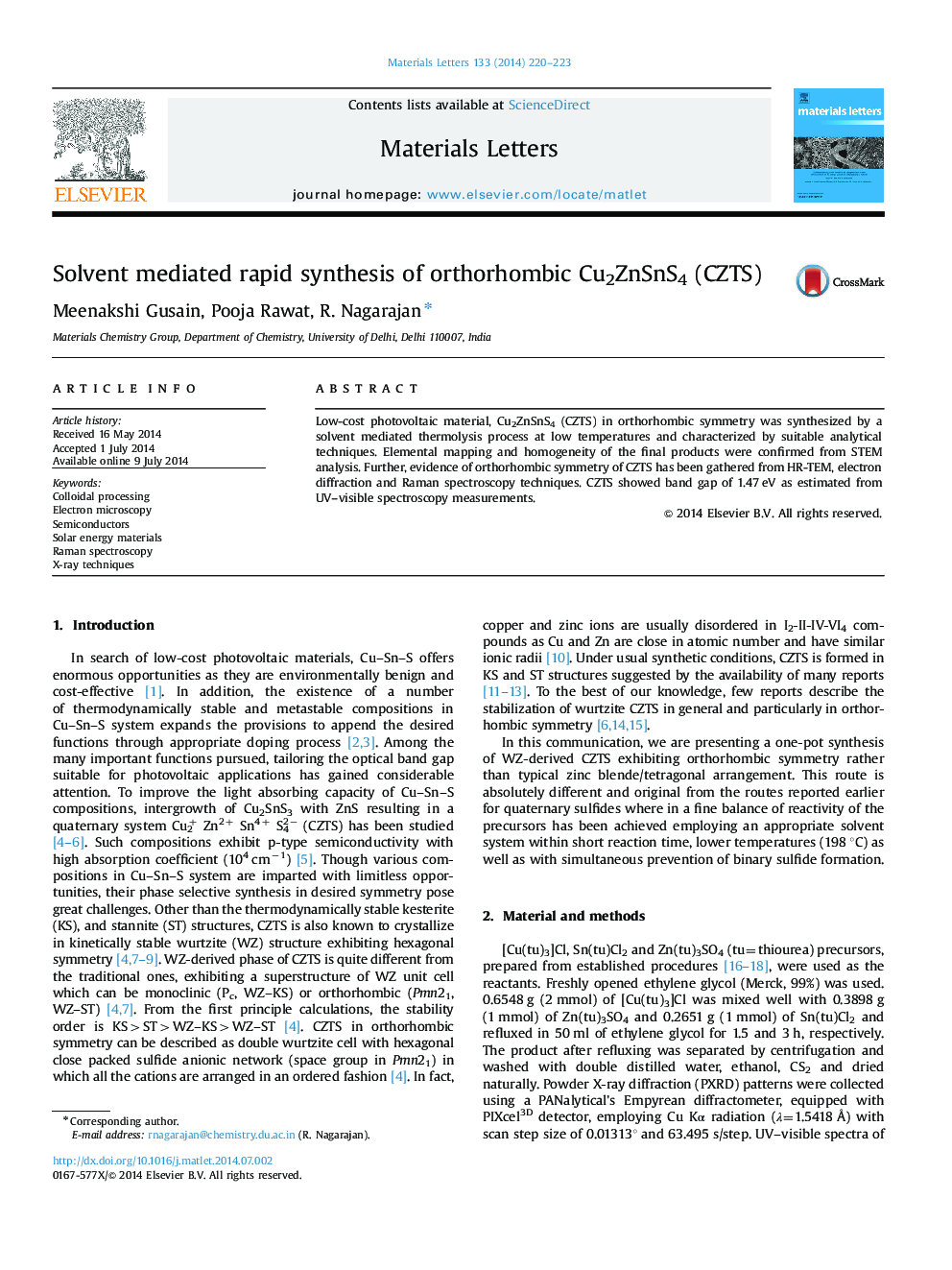 Solvent mediated rapid synthesis of orthorhombic Cu2ZnSnS4 (CZTS)